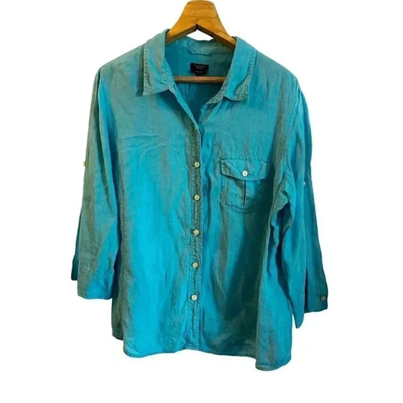 Talbots pure Linen Blouse Women’s XL Button Up Roll Tab Turquoise Irish Linen - Picture 1 of 13